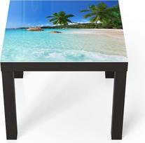 DEQORI stiklinis staliukas | Juodas mažas 55 x 55 cm | Paveikslėlių knygos paplūdimio motyvas | Neįprastas stiklinis staliukas | Blizgus žurnalinis staliukas svetainei | Modernus sofos staliukas su dizainu