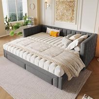 Dienos lova, dienos lova, 90 x 200 cm, sofa-lova su kvadratiniu atlošu, išskleidžiama lova (išskleidžiama iki 180 karalienių dydžio), 2 stalčiai, be čiužinio (pilka)
