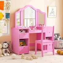DREAMADE 2-in-1 vaikiškas tualetinis staliukas su taburete ir nuimamu veidrodžiu, princesės tualetinis staliukas su 4 laikymo dėžutėmis, vaikiškas tualetinis staliukas vaikams mergaitėms (rožinis su taburete ir dėžute)