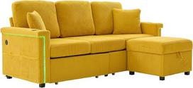 DRIXNO kampinė sofa su miego funkcija, L formos sofa lova su LED apšvietimu, 3 sėdimų vietų sofa, laikymo kojūgalis, gėrimų laikikliai ir šoninės kišenės, skirta svetainei, miegamajam ar biurui, geltona