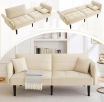 DRIXNO reguliuojama dvivietė sofa-lova "2 viename" su aksominiu užvalkalu, atlenkiamais porankiais ir miego funkcija, idealiai tinka mažoms erdvėms, smėlio spalvos