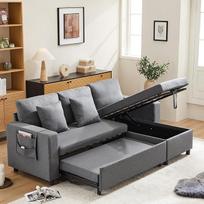 DRIXNO sofa lova su miego funkcija, L formos sofa, pilka, 3 sėdimų vietų sofa šezlongas su laikymo vieta, su kišeniniu puodelio laikikliu, svetainės sofa lova, kairysis ir dešinysis keičiami šezlongai