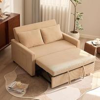 Dvivietė sofa lova, 3-in-1 išskleidžiama sofa lova, velvetinio audinio sofa lova su reguliuojamu atlošu ir šoninėmis kišenėmis, skirta svetainei ir svečių kambariui, šviesiai ruda