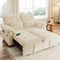 Dvivietė sofa-lova su USB ir C tipo jungtimis, "3-in-1" sofa-lova su reguliuojamu atlošu ir lovos funkcija, transformuojama sofa-lova, sulankstoma sofa, šenilinė, smėlio spalvos, 172 x 142 x 42 cm
