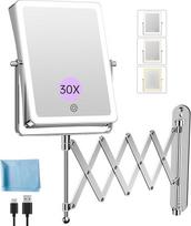 FASCINATE įkraunamas kosmetinis veidrodis su apšvietimu, tvirtinamas prie sienos, 5000 mAh baterija, dvipusis (1x/30x didinimas), 3 šviesos spalvos, reguliuojamas apšvietimas, pasukama ranka 360° kampu, skirtas vonios kambariui