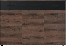 FORTE Jawa komoda su 3 durelėmis ir 3 stalčiais, medžio kompozitas, purvinas ąžuolas/juodas blizgesys, 44 x 93,5 x 134,5 cm