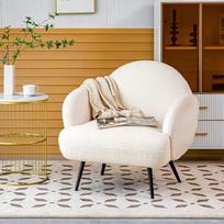 Fotelis, modernus poilsio krėslas, vienvietė poilsio sofa, jaukus "Teddy" audinys, juodos metalinės kojos, tinka svetainei, miegamajam, balta