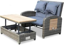 Gartensofa mit Liegefunktion Bahia 2in1 Lounge-Set, Sofa mit Hocker und hochstellbarer Tischplatte, Grau, Stahl und Polyethylengeflecht