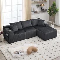 Gecheer Modulares Sofa Set Chaiselongue 2-Sitzer Cordbezug 5 Kissen seitliche Taschen Getränkehalter Schaumstoff DIY-Kombination