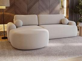 GRAINGOLD "Aurio" kampinė sofa su miego funkcija ir lovos dėže, 261 x 177 cm, L formos sofa su laikymo vieta, sofa-lova svetainei, bouclé audinys, 3 vietų kampinė sofa, modernus dizainas (kreminė, kairė)