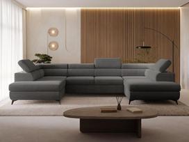 GRAINGOLD Argon U formos kampinė sofa su miego funkcija ir lovos dėže, 322 x 190 cm, U formos sofa su laikymo vieta, svetainės sofa-lova, aksominis audinys, 5 sėdimų vietų, modernus dizainas (Castel, tamsiai pilka)