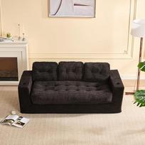 Grindų sofa, 190 cm, 3 sėdimų vietų, modulinė sofa su atlošu, sofa paauglių kambariui, studentams ir mažiems butams, su pagalvėlėmis ir gėrimų laikikliais (juoda)