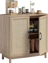 HOMCOM Svetainės komoda su 2 durimis, rotango reguliuojama lentyna ir užapvalintais kraštais Boho stiliaus komoda valgomojo virtuvei 76 x 35 x 75,5 cm Ąžuolas