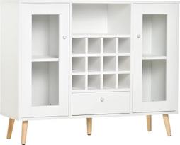 HOMCOM Virtuvės spintelė "Sideboard" Virtuvės baldai su stiklinėmis durelėmis Stalčius ir 12 butelių vyno stovas valgomajam Virtuvės medžio drožlių plokštė Kietmedis Balta 100 x 33 x 80 cm