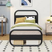 HOMERECOMMEND Lovos rėmas 90 x 200, metalinis ir medinis lovos rėmas su skersiniais, lova 90 x 200 cm su galvūgaliu, ovalo formos lova su laikymo vieta po lova, juoda