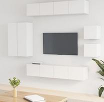 Homgoday TV baldų komplektas 8 dalių faneros baltos spalvos TV baldai Gyvenamasis kambarys Valgomasis stalas Kavos staliukas TV muzikos įranga Bazinė spintelė Sandėliavimo stovas tipas 11