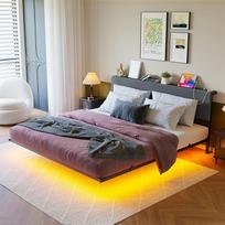 HOMERECOMMEND Lova 140 x 200 cm, Dvigulės lovos rėmas, plaukiojantis vizualinis efektas, lova su LED apšvietimu, Dvigulės lovos rėmas 140 x 200 cm su laikymo erdve galvūgalio galvūgalyje ir skersiniu rėmu, aukštas galvūgalio galvūgalis, tamsiai pilka
