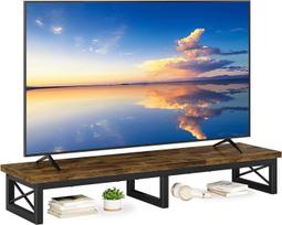 IBUYKE TV staliukas, televizoriaus staliukas, 114 cm, dviejų ekranų biuro stalas, stalviršis, trumpas televizoriaus stovas, skirtas televizoriams iki 60 colių, svetainei, valgomajam ir miegamajam, kaimiška ruda spalva TVT002H