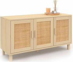 IDMarket - "Vintage" stiliaus žema lentynėlė 113 cm ELIN 3 durys Natūralaus efekto nendrių pynimas