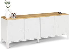 IDMarket - Žema žema spinta 140 cm "Ester" 4 durys Metalinė balta medžio plokštė Pramoninis dizainas