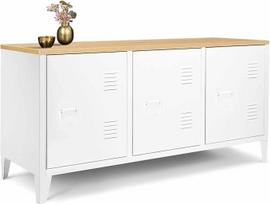 IDMarket - Žema lentynėlė 113 cm "Ester" 3 durys Metalinė balta medžio plokštė Pramoninis dizainas
