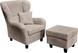 Jauki kaimo namų stiliaus kėdė su taburete, W 90 x H 98 x D 76 cm, didelis sėdėjimo komfortas dėl bangų atramos, moderni skaitymo kėdė su tikro medžio kojelėmis ir dekoratyvine pagalvėle, taupe spalvos / 18020