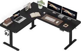 JUMMICO kampinis rašomasis stalas, reguliuojamo aukščio su 3 atminties aukščiais ir kabelių valdymu, 160 x 140 cm, L formos reguliuojamo aukščio rašomasis stalas, ergonomiškas kompiuterio stalas namų biurui ir žaidimams, juodas