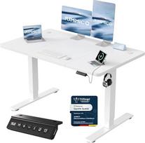 JUMMICO reguliuojamo aukščio stalas su USB įkrovimo prievadu, 120 x 60 cm, elektrinis stalas, stovima vieta, stalas, reguliuojamas kompiuterio stalas, baltas