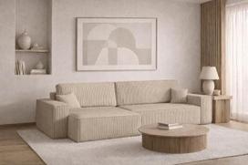 Kaiser Möbel - Kampinė sofa su miego funkcija ir lovos dėže, sofa su patalynės dėže, L formos gyvenamasis kraštovaizdis, sulankstoma sofa, virvės audinys, patogi sofa svetainei, geriausia XL, tamsiai smėlio spalvos, kairė