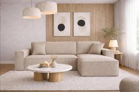 Kaiser Möbel, kampinė sofa su miego funkcija, su lovos dėže, geriausia sofa lova, dizainerio L formos sofa, modernaus dizaino sofa, minkštas kampas, laisvai pastatoma, audinys Neve Beige Right