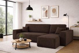 Kaiser Möbel, kampinė sofa su miego funkcija, su lovos dėže, geriausia sofa lova, dizaino sofa, modernaus dizaino sofa, minkštas kampas, laisvai pastatoma, storas velvetas, ruda, dešinė