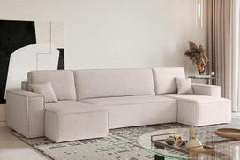 Kaiser Möbel, kampinė sofa su miego funkcija, su lovos dėže, geriausia sofa lova, dizaino U formos sofa, modernaus dizaino sofa, minkštas kampas, laisvai pastatoma, audinys Neve Beige