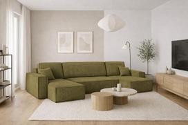 Kaiser Möbel, kampinė sofa su miego funkcija, su lovos dėže, geriausia sofa lova, dizaino U formos sofa, modernaus dizaino sofa, minkštas kampas, laisvai pastatoma, storas velvetas, alyvuogių spalvos