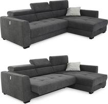 Kampinė sofa W 300 / D 196 / H 103 cm su elektriniu sėdynės gylio reguliavimu, reguliuojamu galvos atramų aukščiu, išskleidžiama sofa, USB įkrovimo funkcija, lovos dėžė, apverstas veidrodis, šenilinė tamsiai pilka / 15409