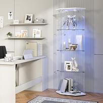 Kampinė vitrina su LED apšvietimu, stiklinė vitrina su stiklinėmis durelėmis, 4 stiklinės lentynos, kampinė vitrina, stiklinė medinė vitrina, moderni vitrina, kolekcionieriaus