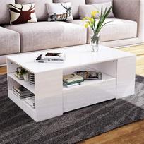 Kavos staliukas su daiktadėže, baltas blizgus centrinis svetainės staliukas, stačiakampio formos, su 2 stalčiais ir 6 atviromis lentynomis, namų biuro baldai, 95 x 55 x 37 cm