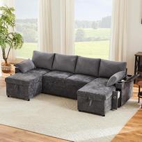 Keturių vietų U formos sofa-lova su puodelių laikikliais, kampinė sofa su laikymo vieta, sofa-lova su miego funkcija, su puodelių laikikliais ir pagalvėlėmis, daugiafunkciniai svetainės baldai / buto sofa