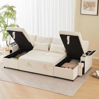 Keturių vietų U formos sofa-lova su gėrimų laikikliu, kampinė sofa su laikymo vieta ir miego funkcija, įskaitant puodelių laikiklį ir pagalvėlę, daugiafunkcinė sofa svetainei ir (arba) butui, smėlio spalvos