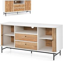 KOMFOTTEU Komoda su stumdomomis durimis, bufetinė spintelė su 2 stalčiais ir 1 atvira lentyna, medinė komoda su pakreipimo apsauga, TV spintelė svetainei, virtuvei, 150 x 45 x 74 cm