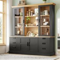 Küchenschrank, schwarz, mit 6 Schubladen, Glastüren, Kippschutz, Metallschienen, 140 × 185 cm, Aufbewahrungsmöbel für Küche und Esszimmer
