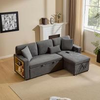 LAKFEW Kampinė sofa su miego funkcija ir USB, sofa lova su lovos dėže ir laikymo vieta, sofa lova, kampinė sofa su integruota lentyna ir šoninėmis kišenėmis, L formos sofa, svetainės baldai, tamsiai pilka