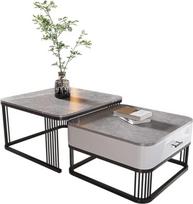 Kvadratinis sofos staliukas su stalčiumi - sukepintas akmeninis stalviršis ir tvirtas metalinis rėmas svetainei ar biurui, 2 vnt., 80+60 cm - A spalva