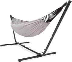 Lauko hamakas su rėmu 2 žmonėms, 205 kg, reguliuojamas rėmo ilgis 290-330 cm, gulimas paviršius 241 x 160 cm, su krepšiu (pilka)