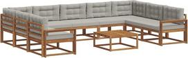 Lauko sofos komplektas 10-teilig aus massivem Akazienholz - Gartenmöbel Lounge-Garnitur mit Sitzkissen, modular für Terrasse, Garten und Patio, Natürlich und Hellgrau