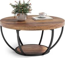 LITTLE TREE kavos staliukas Apvalus 32 colių medinis šoninis staliukas 2 pakopų kavos staliukas su atvira lentyna Pramoninis akcento staliukas gyvenamajam kambariui Rustic Brown/Black