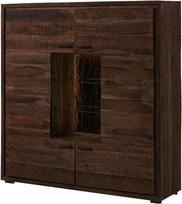 MASSIVMOEBEL24.DE BARK by WOLFMÖBEL #207 Medžio masyvo aukštoji lenta su LED apšvietimu Akacijų tamsiai ruda lakuota 145 x 40 x 153 cm 11 skyrių 4 durys Tikra medžio žievė