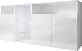 MB Muebles Bonitos Clark Svetainės komoda Plotis 150 x aukštis 70 x gylis 35 cm Šiuolaikinė balta spalva su blizgiu paviršiumi 3 durys LED Svetainės TV spintelė