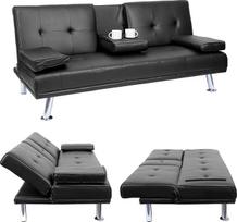 Mendler HWC-F60 3-vietė sofa lova Svečių lova Puodelio laikiklis Reguliuojamas 97 x 166 cm dirbtinė oda Juoda