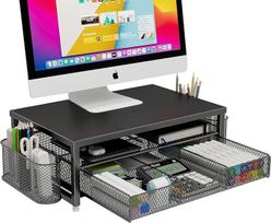 Metalinis monitoriaus stovas, biuro stalo stovas su lentynos organizatoriumi, biuro organizavimas, stalo organizatorius su stalčiumi ir rašiklio laikikliu, 2 lygių kompiuterio stovas iMac, PS4, PC