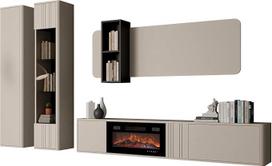 Mirjan24 Wohnwand Poksin VIII, Modernes Wohnzimmer-Set, TV-Lowboard mit elektrischem Kamin, Hängeschrank, Vitrine, Anbauwand (Cashmere/Schwarz)